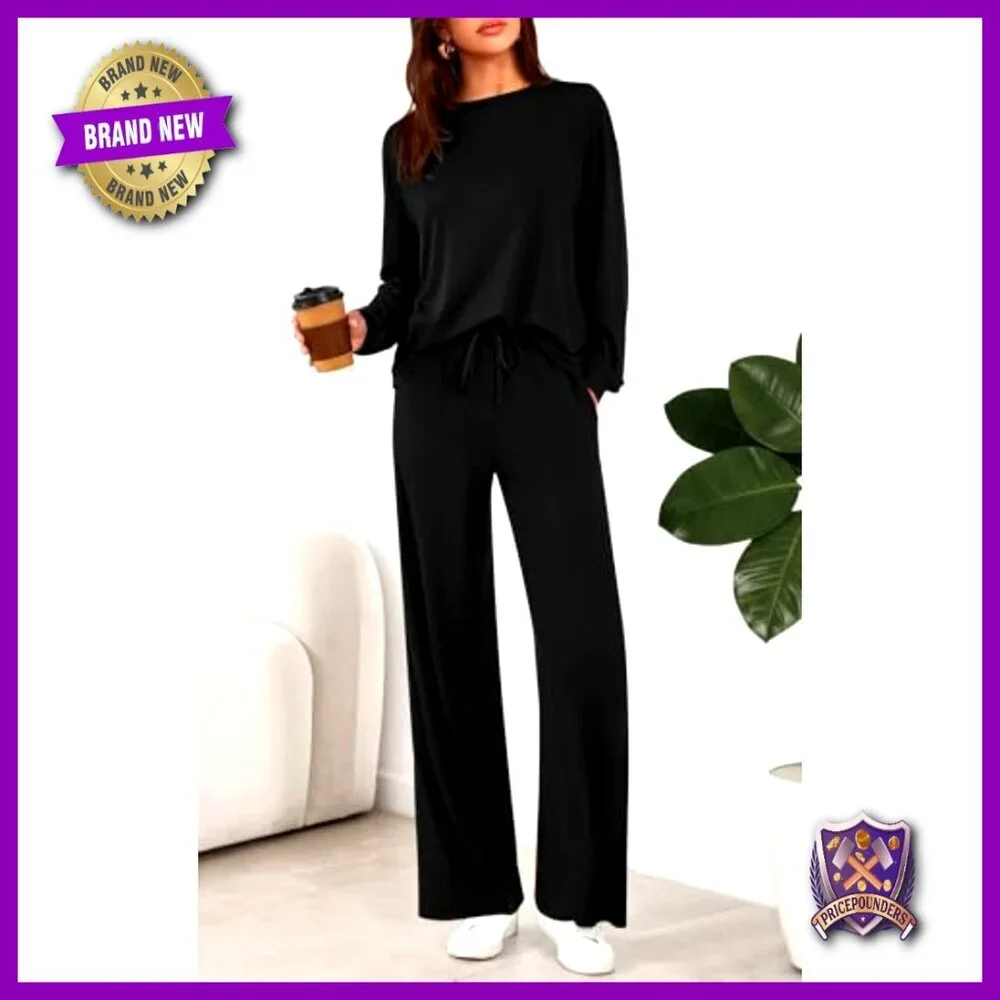 Loose Fit Long Sleeve Crewneck Wide Leg Pants Lounge Set Two Piece Tracksuit